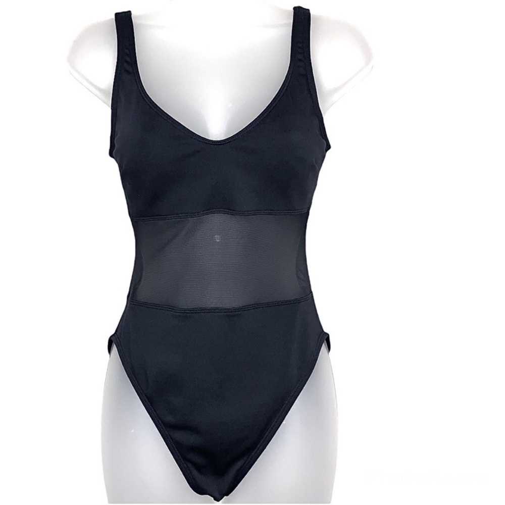 La Blanca Black Sheer Mesh Waist Padded One Piece Swimsuit Bathing Suit 6 Beach